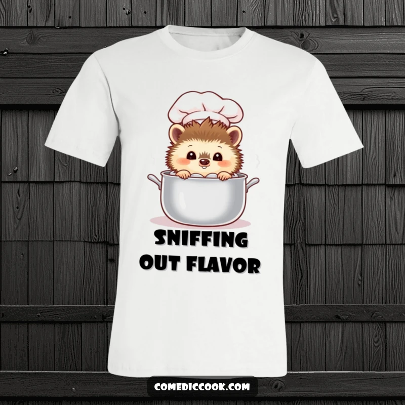 Funny curious hedgehog chef peeking into a steaming pot on a comfortable graphic tee.