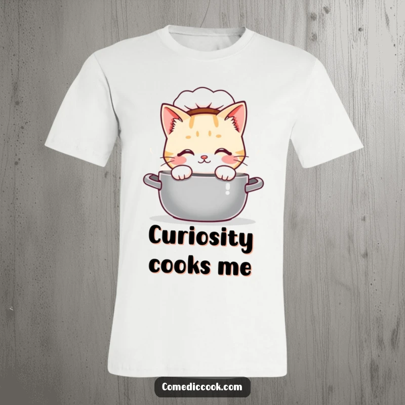 Funny Kawaii cat chef t-shirt, showing a curious cat peeking into a steaming pot. Cute kitchen explorer attire and a great funny gift.