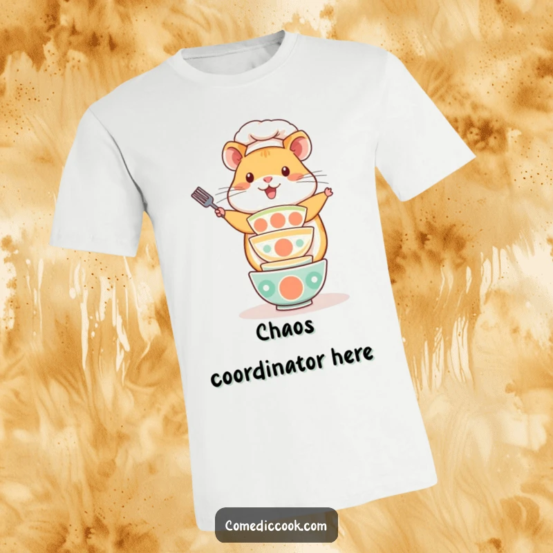 Funny Kawaii hamster chef t-shirt, showing a playful hamster balancing a stack of tiny bowls. Cute and energetic baker apparel, great funny gift.