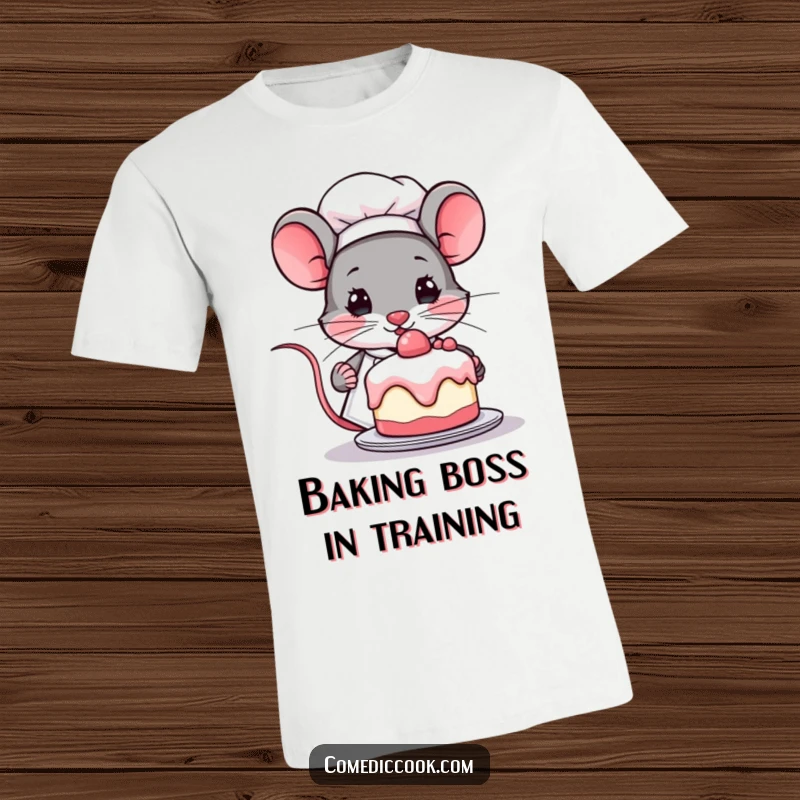 Funny Kawaii mouse chef t-shirt, showing a determined mouse holding a miniature cake. Great cute baker apparel and funny gift.