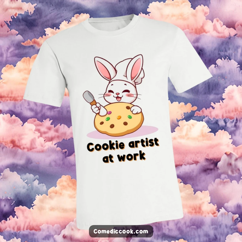 Funny Kawaii rabbit chef t-shirt featuring a cute character frosting a large cookie with a wink.
