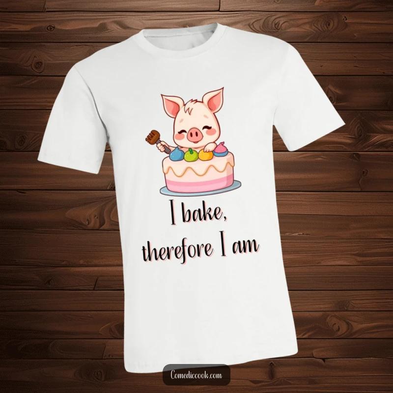 Funny Piglet T-Shirt: A cheerful piglet artistically frosting a cake, showcasing a passion for baking with a funny and cute design for apparel.