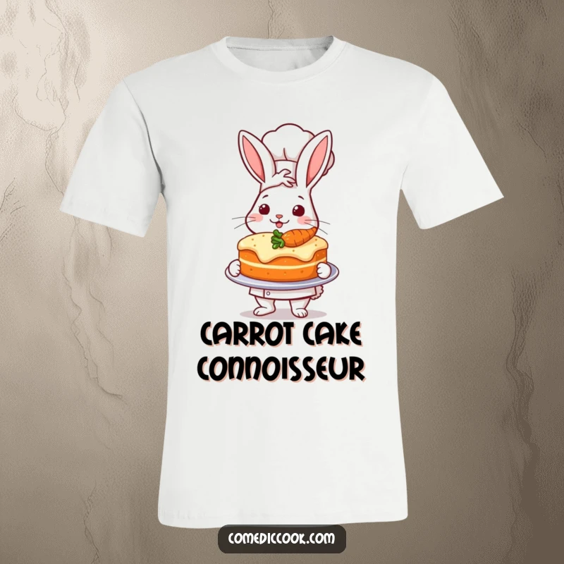 Funny t-shirt of a proud rabbit chef presenting a perfectly baked carrot cake, ideal for bakers.