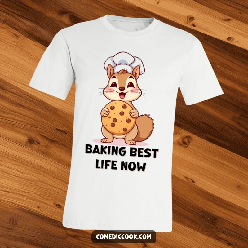 Funny T-Shirt: a squirrel chef proudly presents an oversized cookie, showcasing enthusiastic baking and humorous charm.