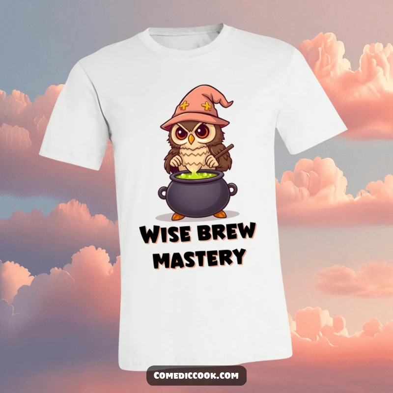 Funny Wise Owl Chef T-Shirt, artistically depicting an owl stirring a mysterious bubbling potion in a cauldron, a hilarious gift.