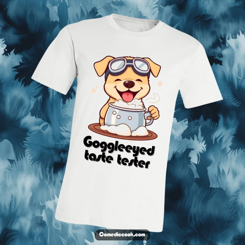 Funny t-shirt featuring a dog wearing goggles, eagerly tasting a bubbling pot, representing bravery, curiosity, and a sense of humorous adventure.