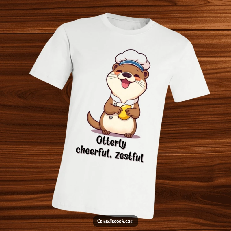 Funny otter chef t-shirt, a cheerful character giggling while squeezing a lemon, celebrating playful kitchen vibes and zesty humor.