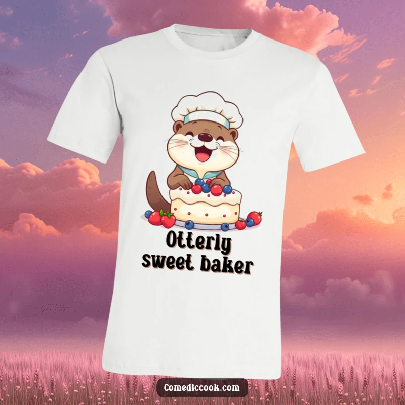 Funny Otter Chef T-Shirt: Smiling otter happily decorating a cake with berries, a cute and humorous apparel.