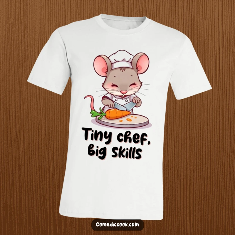Funny Mouse Chef T-Shirt: A concentrated mouse chef slices a miniature carrot, a humorous depiction of culinary focus.