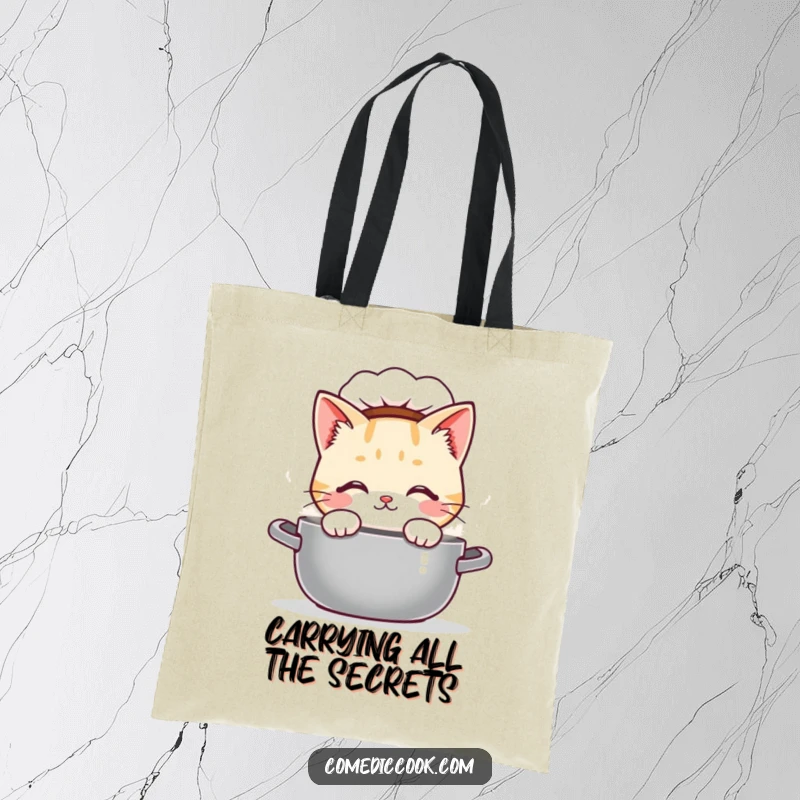 Funny Kawaii cat chef tote bag, showing a curious cat peeking into a steaming pot. Cute and practical baker accessory, a delightful funny gift.