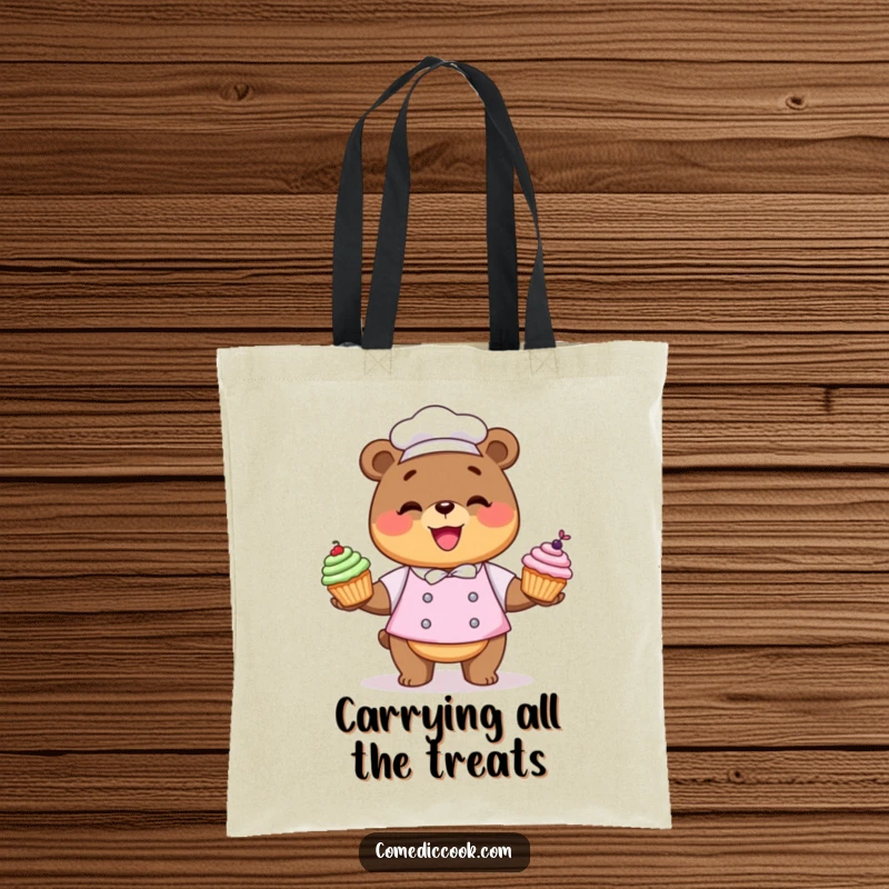 Funny Kawaii bear chef tote bag with a character juggling cupcakes, great for carrying treats.