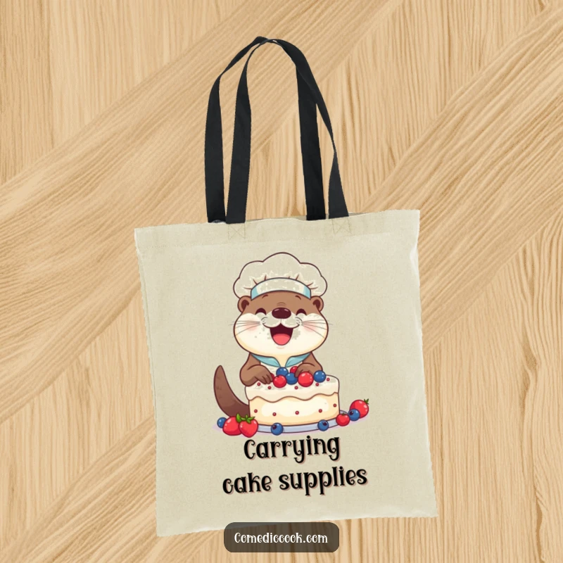 Funny Otter Chef Tote Bag: Smiling otter happily decorating a cake with berries, a humorous and practical carry-all.
