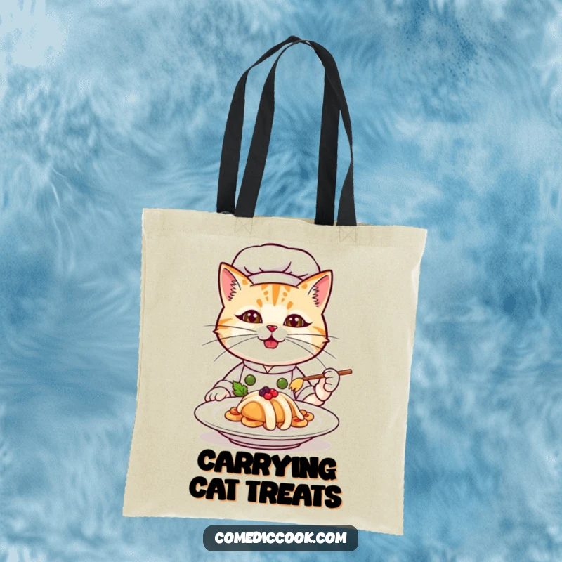 Funny cat chef tote bag, a determined kitten chef presenting a plated meal, showcasing high fashion and culinary art.