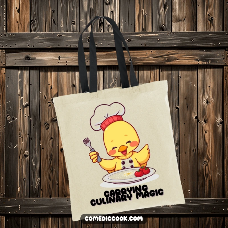 Funny Tote Bag: a duck chef gleefully sprinkles seasoning, perfect for carrying culinary delights with humorous flair.