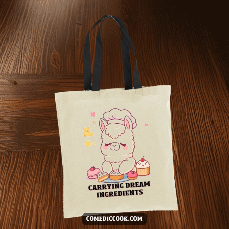 Funny Alpaca Chef Tote Bag: A charming tote featuring a sleepy alpaca chef dreaming of delicious looking pastries.