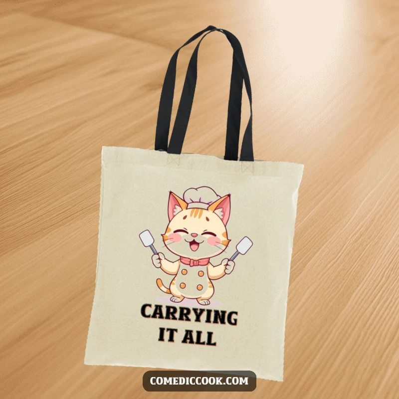 Funny giggling cat chef juggling three tiny spatulas with a playful grin, printed on a durable tote bag for everyday use.
