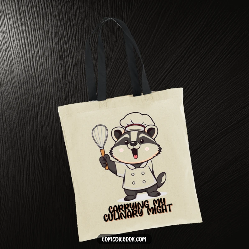 Funny Kawaii badger chef tote bag, showing a proud badger holding a whisk aloft. Cute and practical baker accessory, a delightful funny gift.