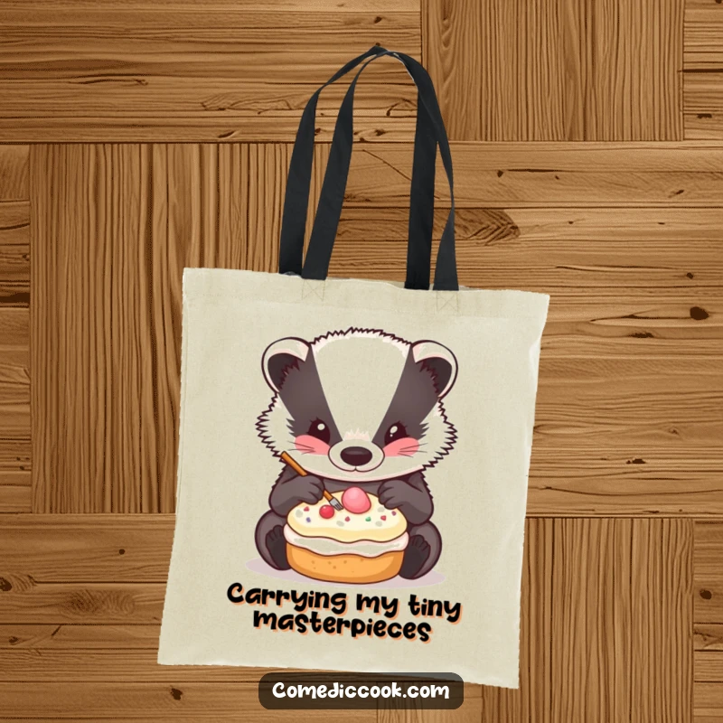 Funny Badger Decorator Tote Bag with a badger meticulously decorating a pastry, a practical and detailed accessory.