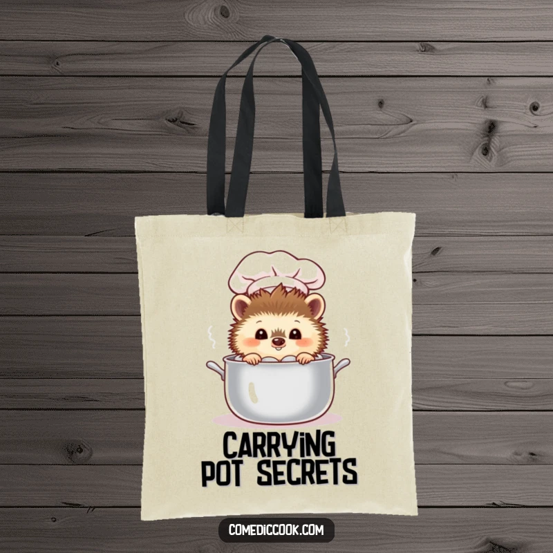 Funny curious hedgehog chef peeking into a steaming pot on a stylish and humorous tote bag.