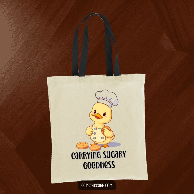 Funny smiling duckling chef carefully gathering a tiny cookie on a stylish and humorous tote bag.