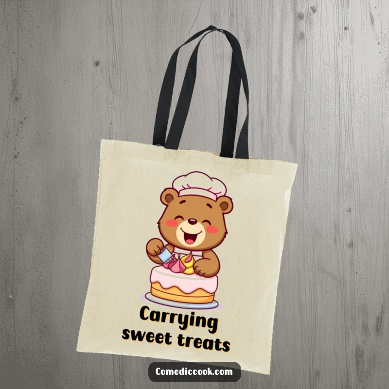 Funny happy bear chef decorating a cake with colorful frosting swirls, printed on a durable tote bag for carrying baked goods.