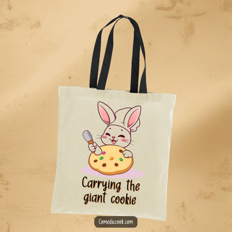 Funny Kawaii rabbit chef tote bag with a character frosting a giant cookie, great for bakers.