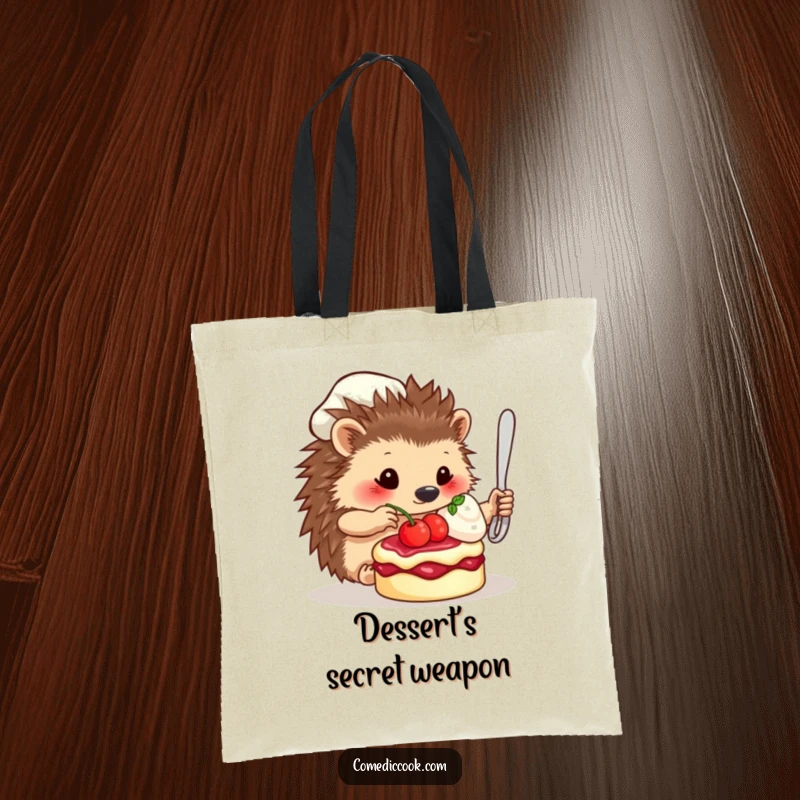 Funny Tote Bag: A skilled hedgehog chef is shown adding a berry to a delightful pastry, ready for your shopping.