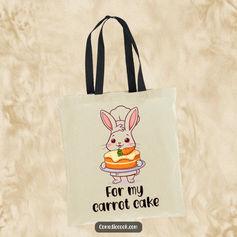 Funny tote bag illustration of a rabbit chef proudly presenting a carrot cake, perfect for bakers.
