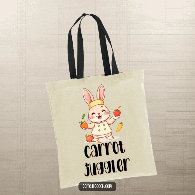 Funny bunny chef tote bag with a cute bunny juggling miniature vegetables, ideal for shoppers who love humor and fresh ingredients.