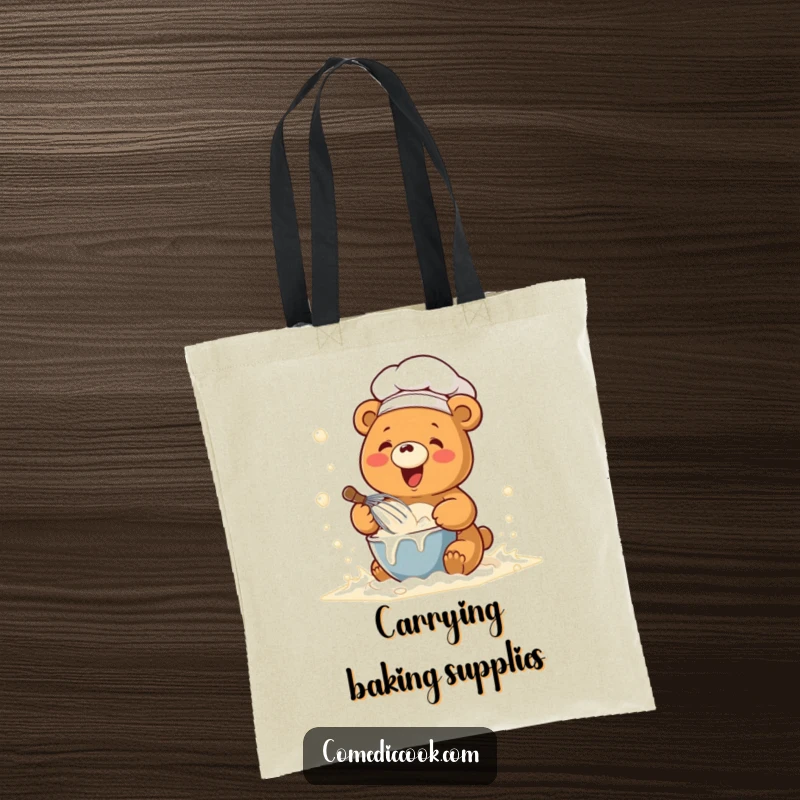 Funny tote bag with a kawaii chef bear whisking batter in a flour cloud, perfect for carrying essentials with humorous baking flair.