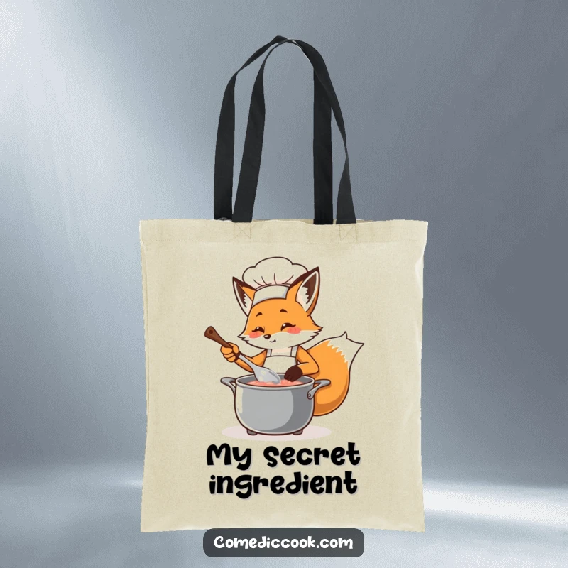 Funny determined fox chef stirring a bubbling pot with a ladle, printed on a durable tote bag, perfect for grocery shopping.