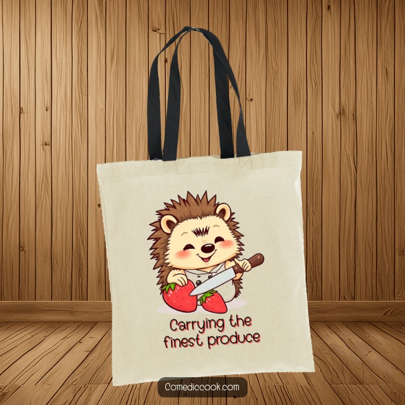 Funny Hedgehog Chef Tote Bag bustling with a hedgehog chef, knife, and strawberry, perfect for carrying groceries with a humorous flair.