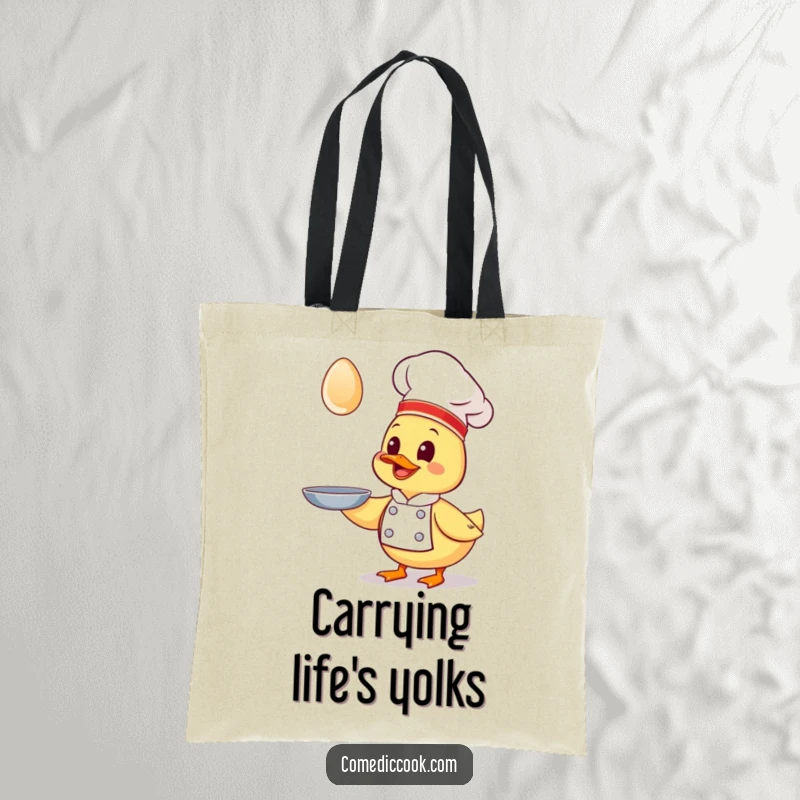 Funny Kawaii duck chef tote bag, giggling duck chef trying to catch a flying egg, durable and humorous for everyday use.