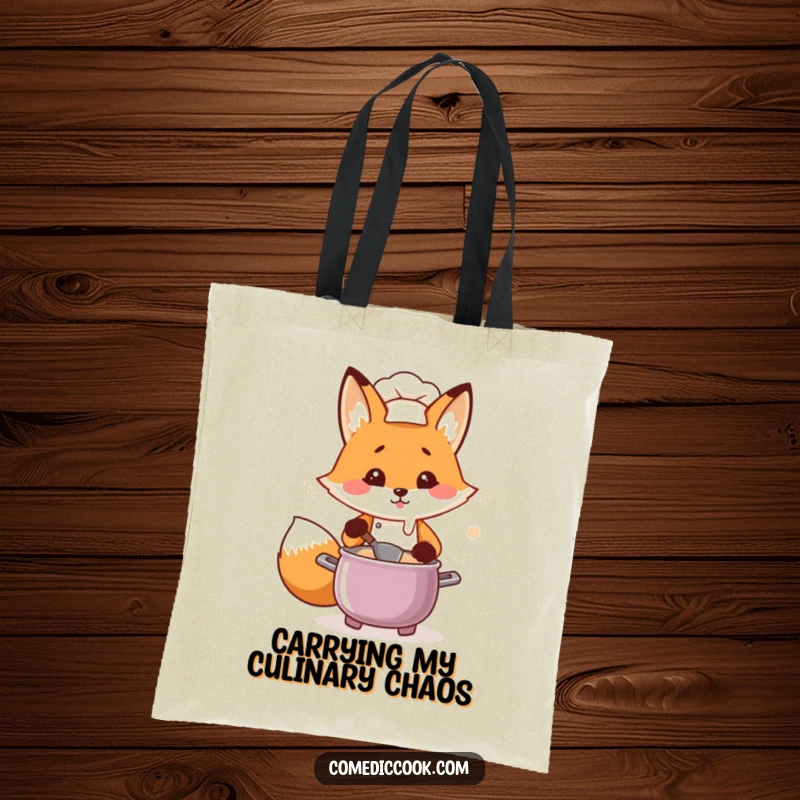Funny Kawaii fox chef tote bag, a flustered fox chef stirring a pot, durable and humorous for shopping or carrying kitchen tools.