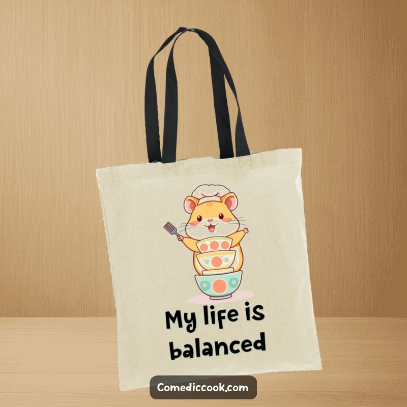 Funny Kawaii hamster chef tote bag, showing a playful hamster balancing a stack of tiny bowls. Cute and practical baker accessory, a delightful funny gift.