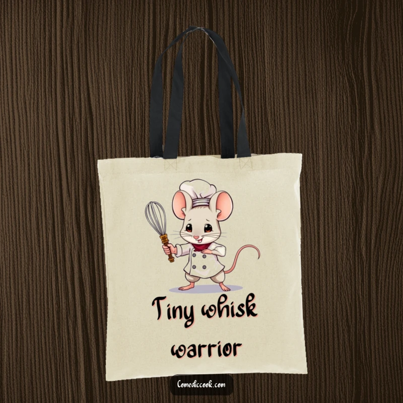 Funny Mouse Chef Tote Bag showing a brave mouse wielding a tiny whisk like a sword, perfect for carrying essentials with a heroic touch.