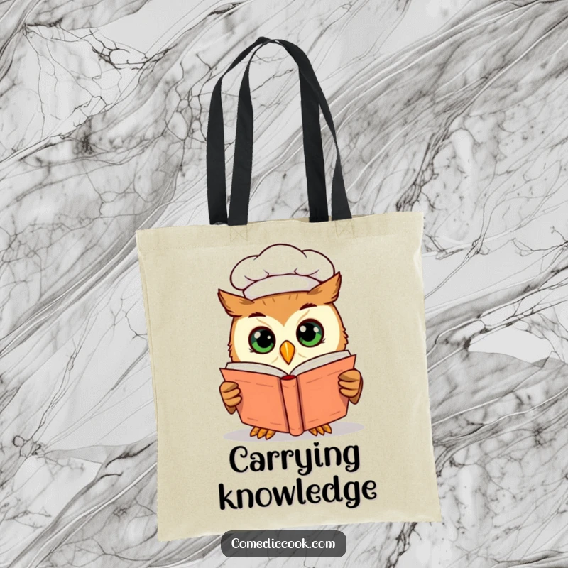 Funny curious owl chef peering into a cookbook, printed on a durable tote bag, perfect for carrying books and ingredients.