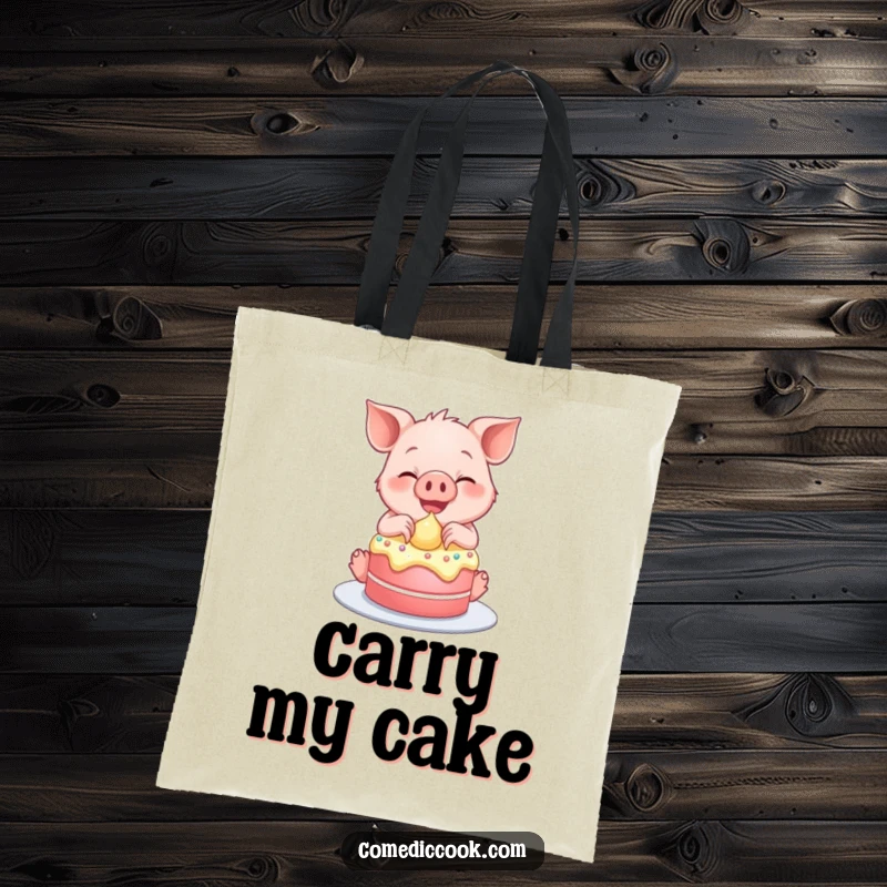 Funny tote bag illustration of a smiling piglet frosting a tiny cake, perfect for bakers.