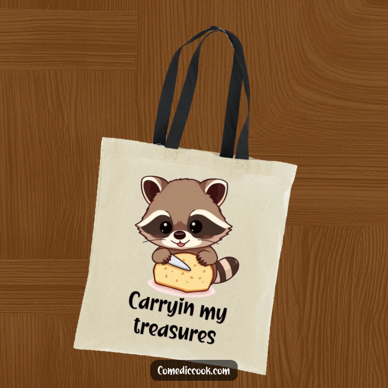 Funny raccoon tote bag showcasing a beaming raccoon carefully slicing a loaf of bread, great for grocery shopping.