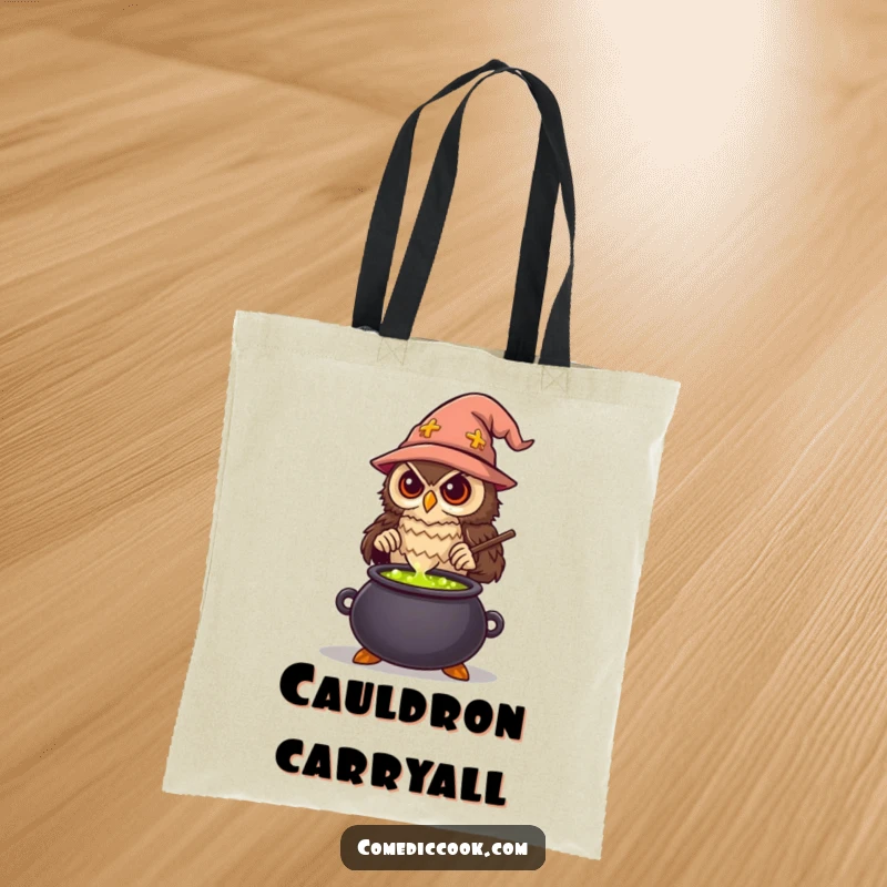 Funny Wise Owl Chef Tote Bag showing an owl stirring a bubbling cauldron, ideal for carrying groceries or spell ingredients, a funny gift.