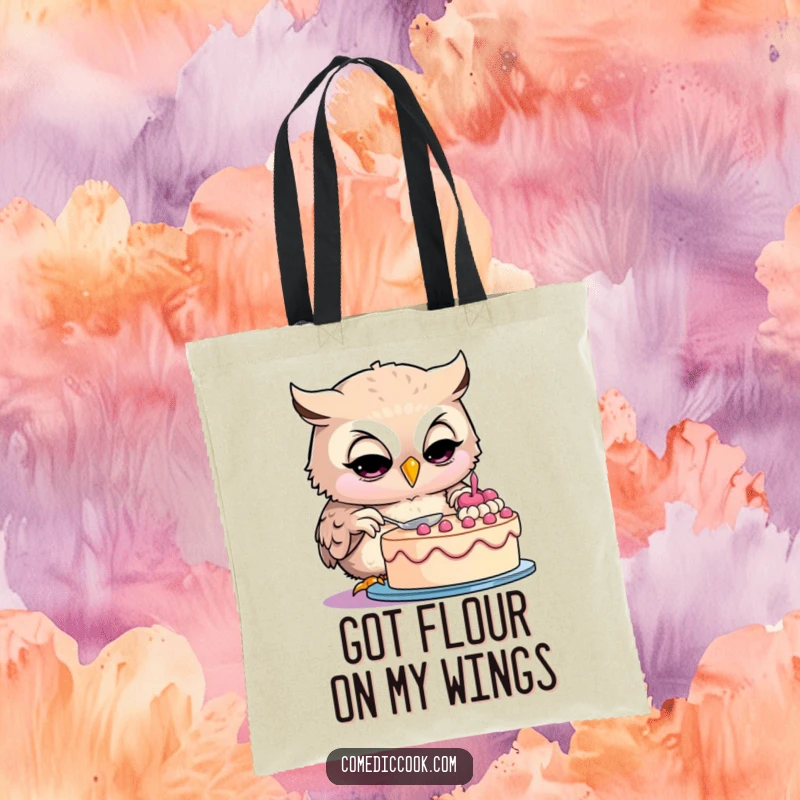Funny owl tote bag showcasing a smiling owl baker intensely decorating a cake, perfect for grocery shopping.
