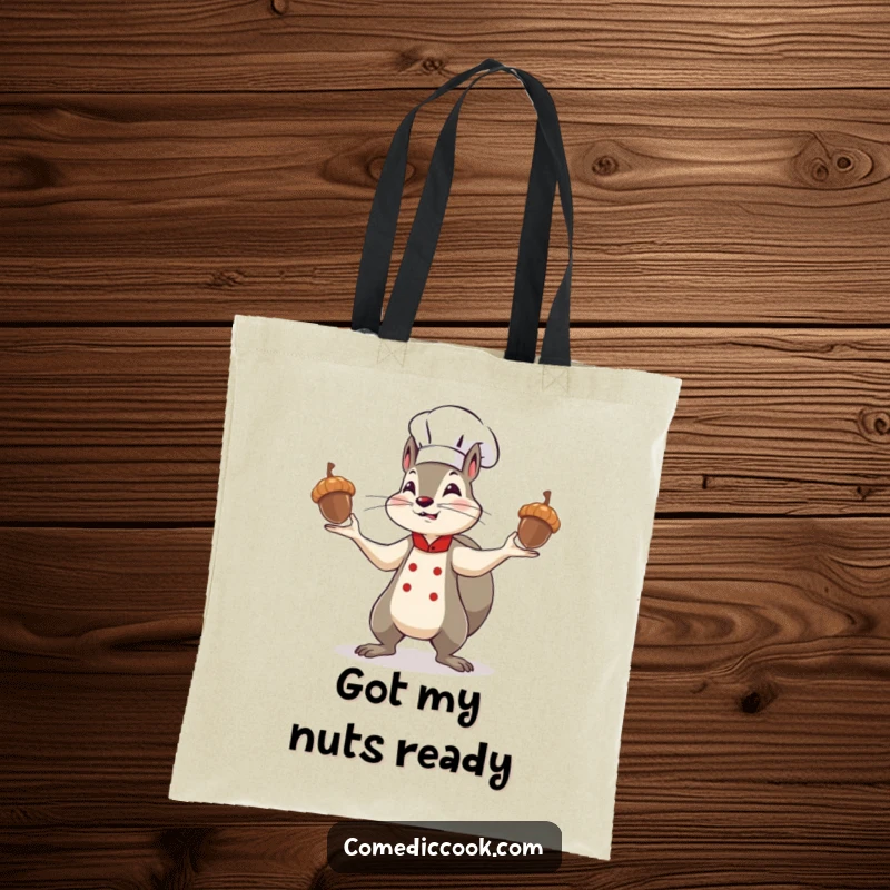 Funny squirrel chef tote bag, a determined character skillfully juggling acorns, ideal for shopping and carrying items with a humorous, nutty theme.