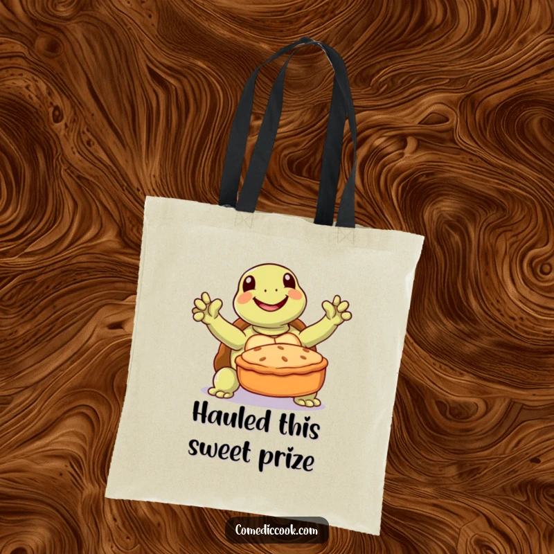 Funny turtle tote bag showcasing a joyful turtle triumphantly presenting a baked pie, great for groceries.