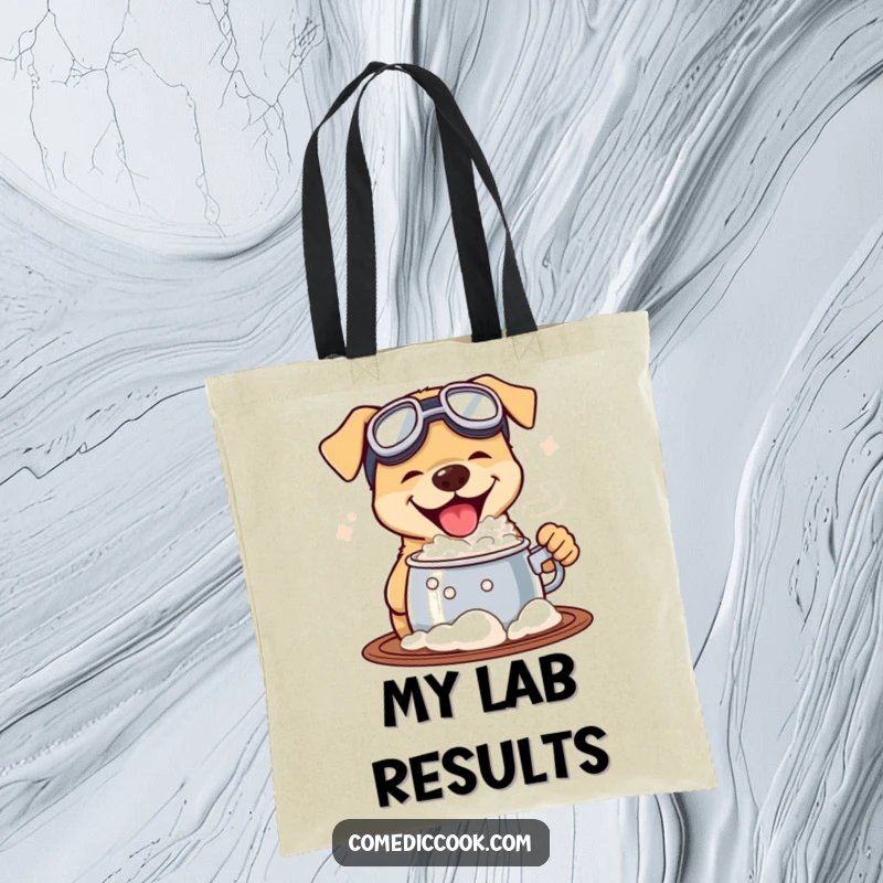 Funny tote bag featuring a dog wearing goggles, tasting a bubbling pot, perfect for carrying essentials with a humorous and adventurous flair.