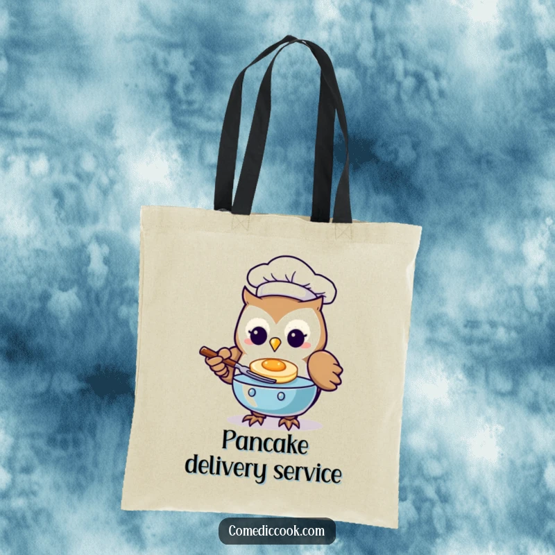 Funny Kawaii owl chef tote bag featuring a character flipping a pancake, great for grocery shopping.